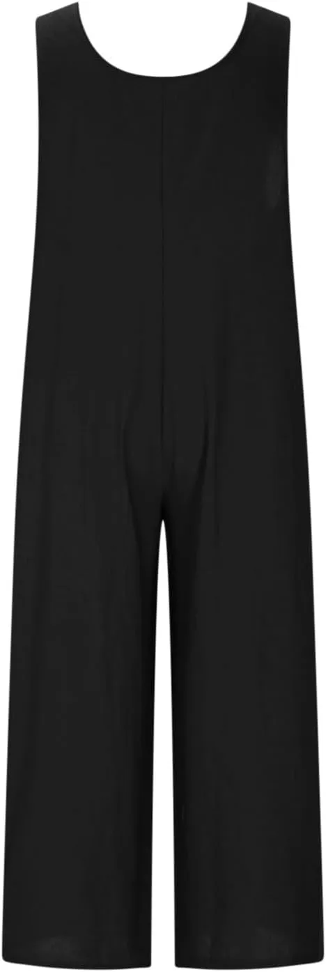 HGps8w Women's 2025 Summer Casual Cotton Linen One Piece Jumpsuits Button Down Loose Wide Leg Pants Rompers Beach Outfits