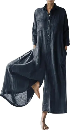 HGps8w Women's Wide Leg Linen Jumpsuits 2025 Fall Long Sleeve Button Front Plus Size Casual Solid Rompers with Pockets