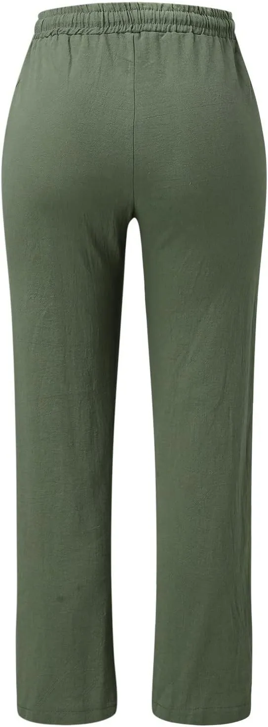 High Waisted Linen Pants Women Straight Leg Casual Summer Comfy Beach Pants Drawstring Elastic Loose Lounge Trousers