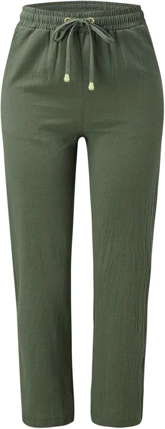 High Waisted Linen Pants Women Straight Leg Casual Summer Comfy Beach Pants Drawstring Elastic Loose Lounge Trousers