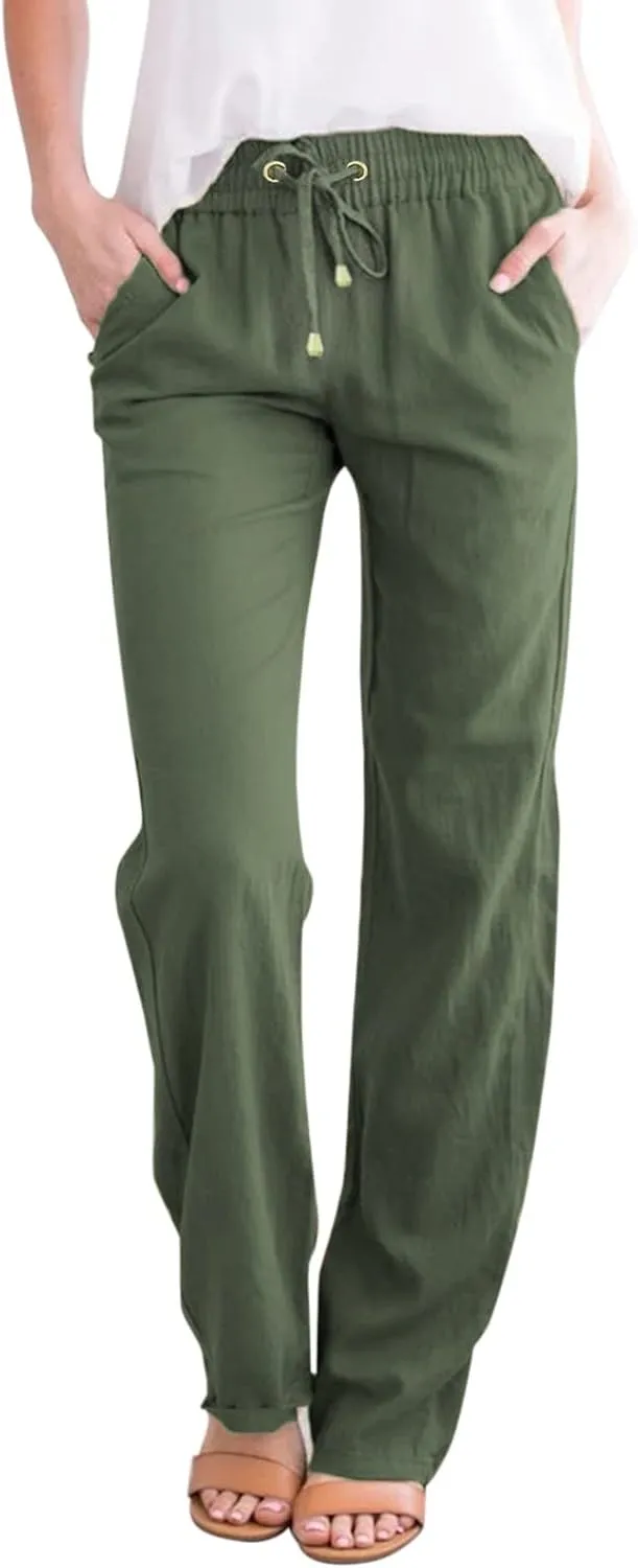 High Waisted Linen Pants Women Straight Leg Casual Summer Comfy Beach Pants Drawstring Elastic Loose Lounge Trousers