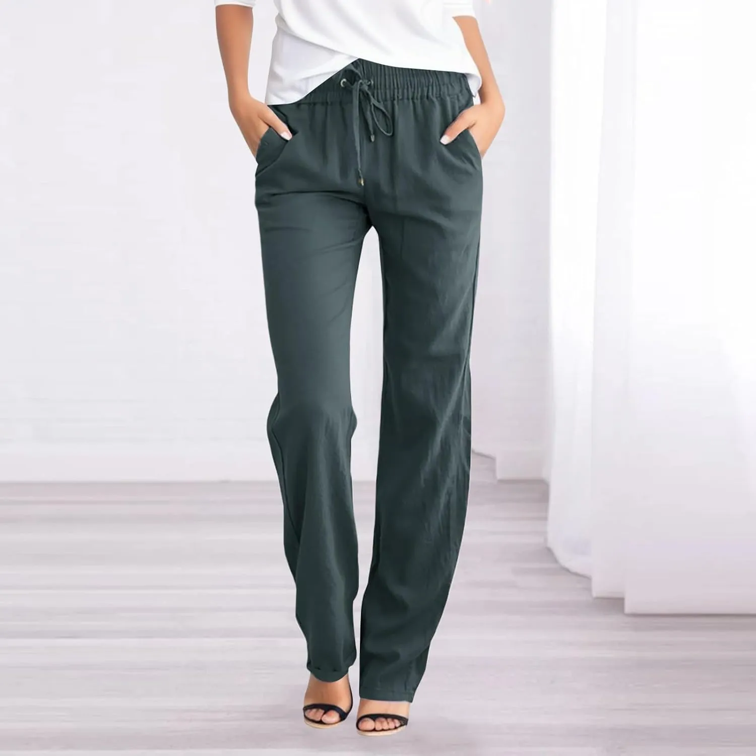 High Waisted Linen Pants Women Straight Leg Casual Summer Comfy Beach Pants Drawstring Elastic Loose Lounge Trousers