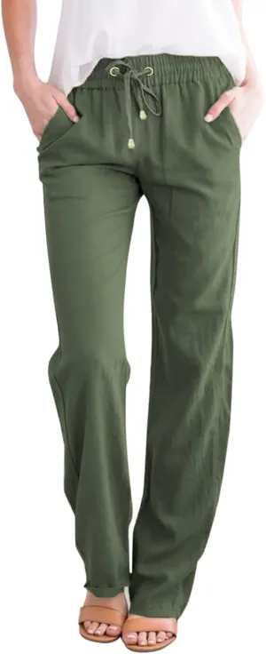 High Waisted Linen Pants Women Straight Leg Casual Summer Comfy Beach Pants Drawstring Elastic Loose Lounge Trousers