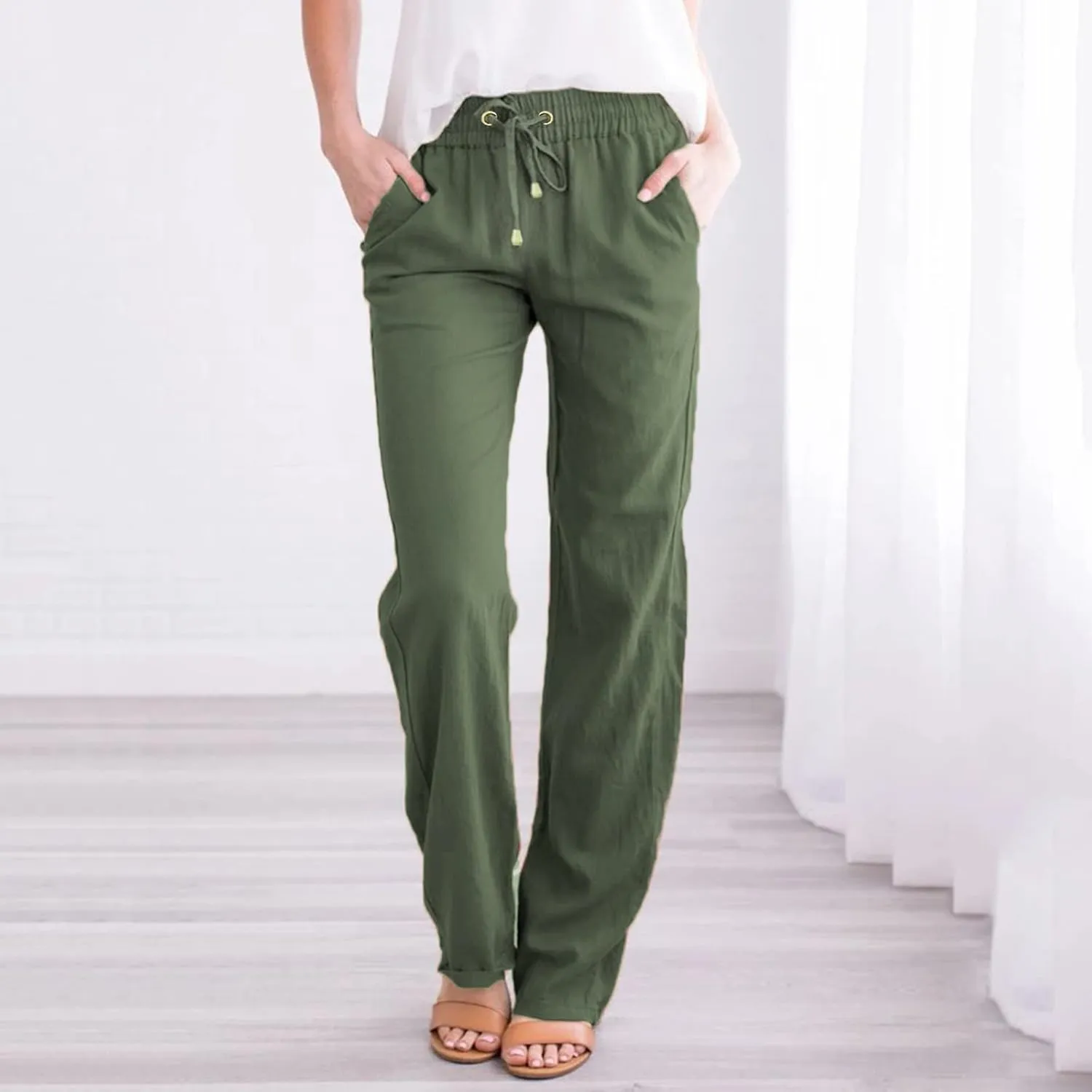 High Waisted Linen Pants Women Straight Leg Casual Summer Comfy Beach Pants Drawstring Elastic Loose Lounge Trousers