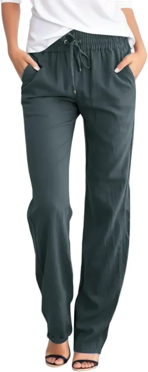 High Waisted Linen Pants Women Straight Leg Casual Summer Comfy Beach Pants Drawstring Elastic Loose Lounge Trousers