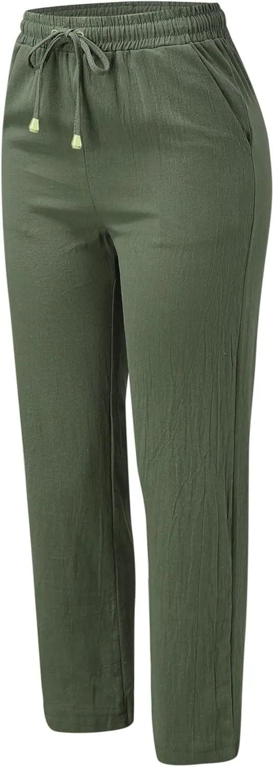 High Waisted Linen Pants Women Straight Leg Casual Summer Comfy Beach Pants Drawstring Elastic Loose Lounge Trousers
