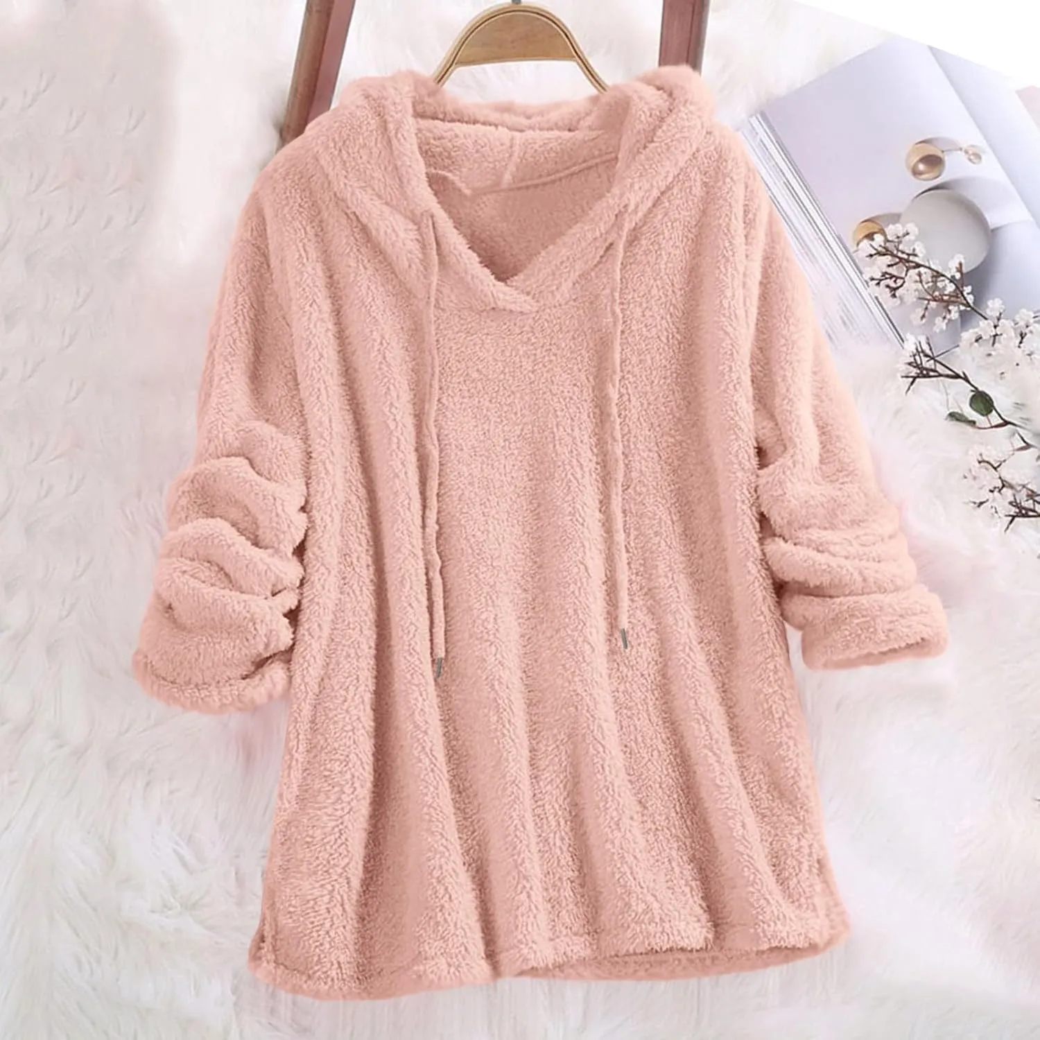 Hooded Sweatshirt for Women Trendy Loose Fit Long Sleeve Solid Color Sweaters Comfort Casual Drawstring Hoodies