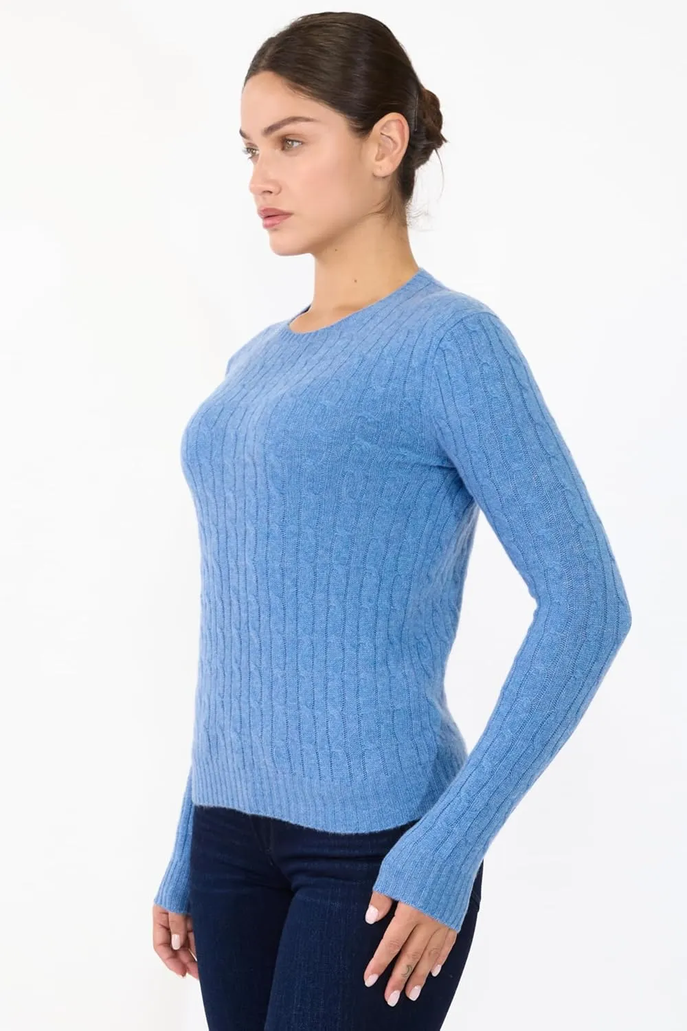 JENNIE LIU Women's 100% Cashmere Cable-Knit Long Sleeve Pullover Crew Neck Sweater