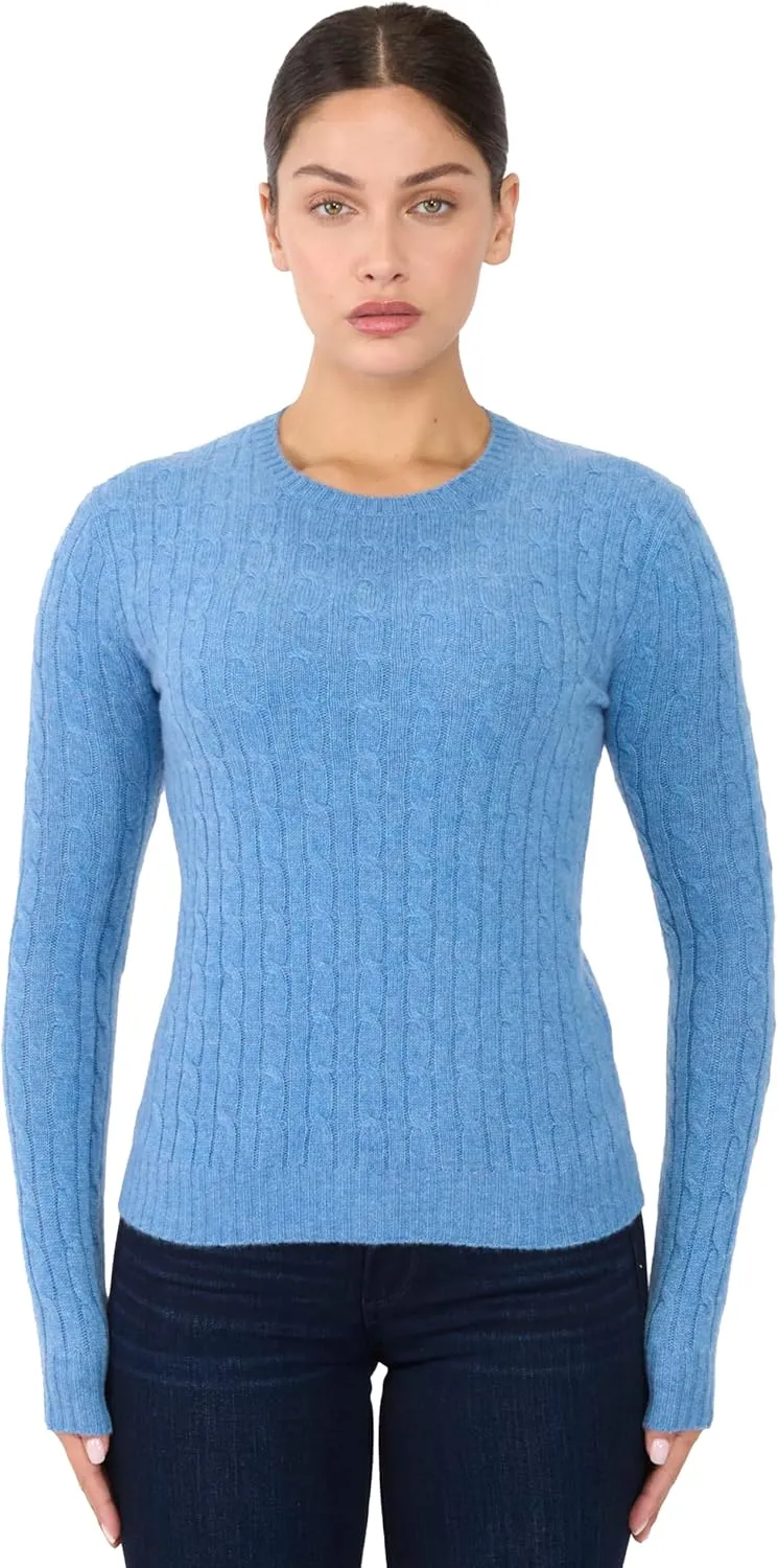 JENNIE LIU Women's 100% Cashmere Cable-Knit Long Sleeve Pullover Crew Neck Sweater