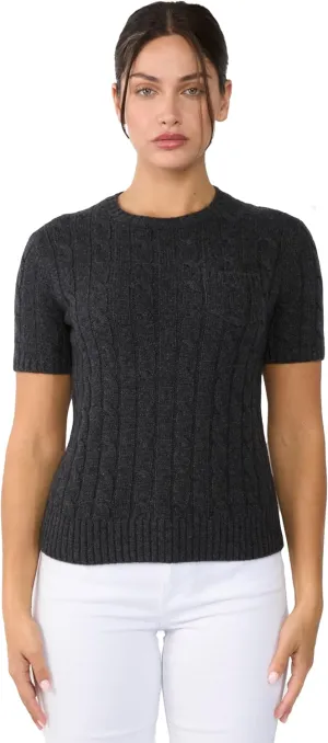 JENNIE LIU Womens 70% Wool 30% Cashmere Chuncky Cable-Knit Crewneck Short Sleeve Sweater