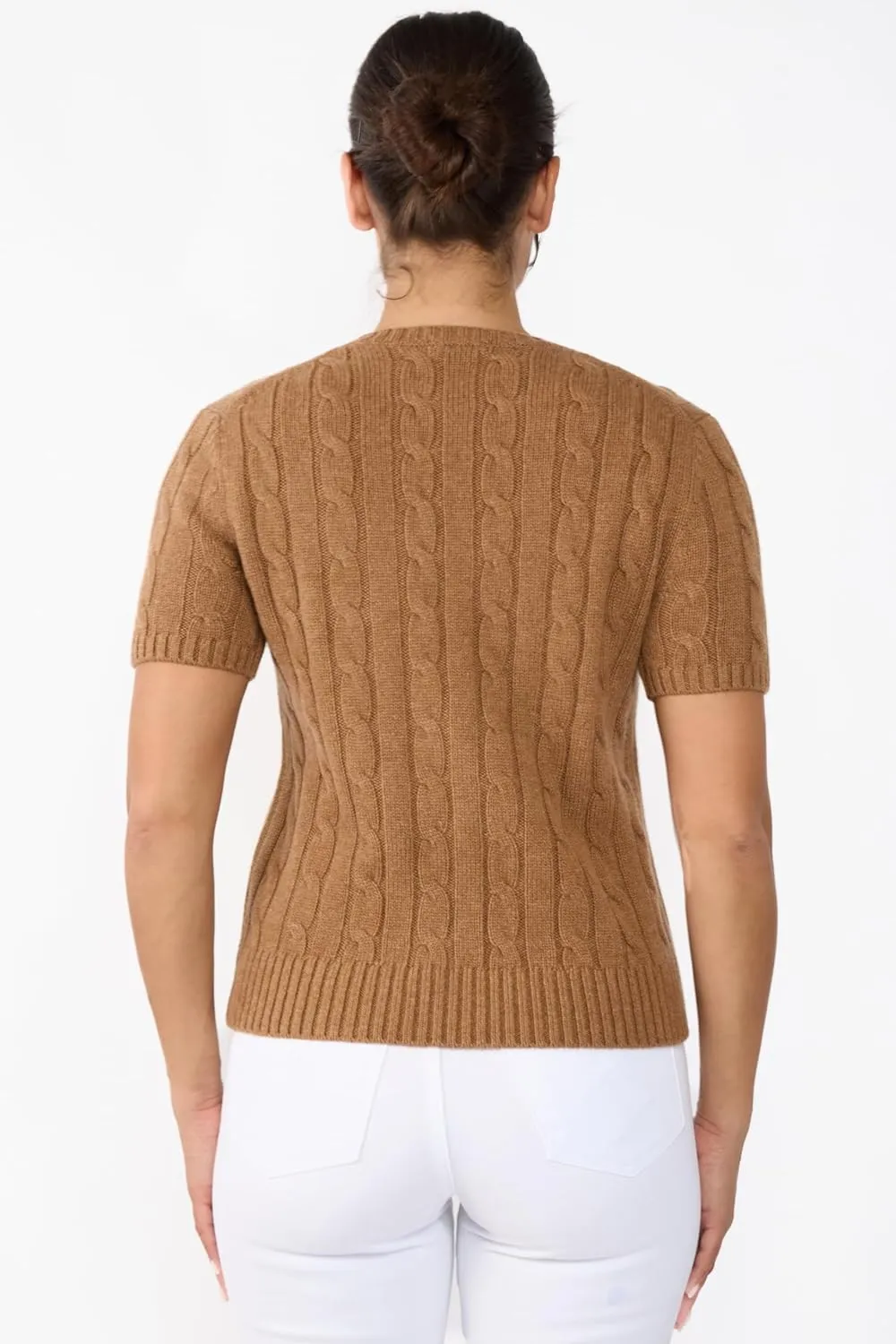 JENNIE LIU Womens 70% Wool 30% Cashmere Chuncky Cable-Knit Crewneck Short Sleeve Sweater