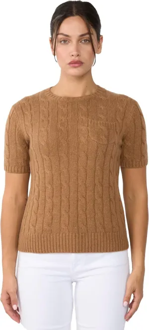 JENNIE LIU Womens 70% Wool 30% Cashmere Chuncky Cable-Knit Crewneck Short Sleeve Sweater