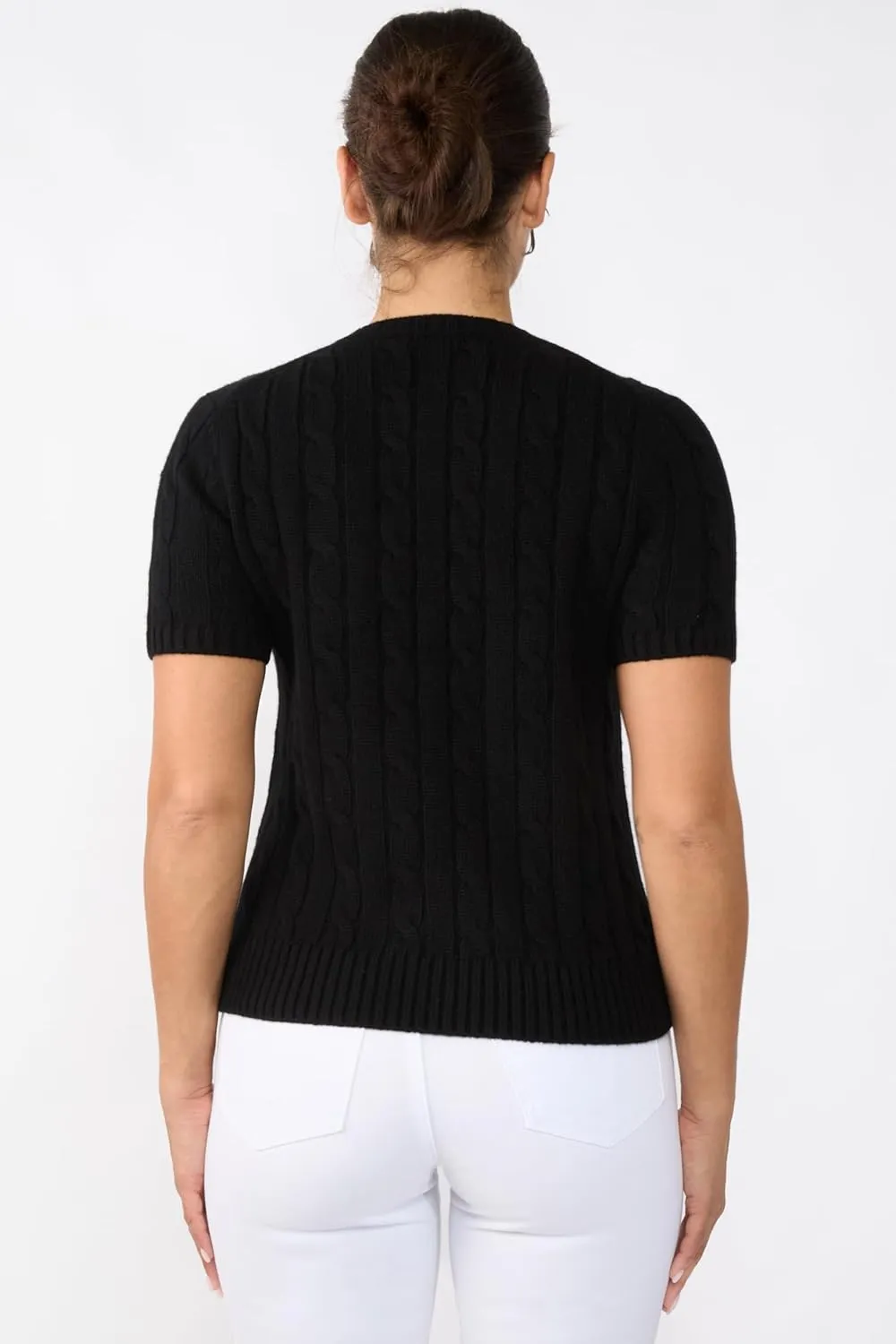 JENNIE LIU Womens 70% Wool 30% Cashmere Chuncky Cable-Knit Crewneck Short Sleeve Sweater
