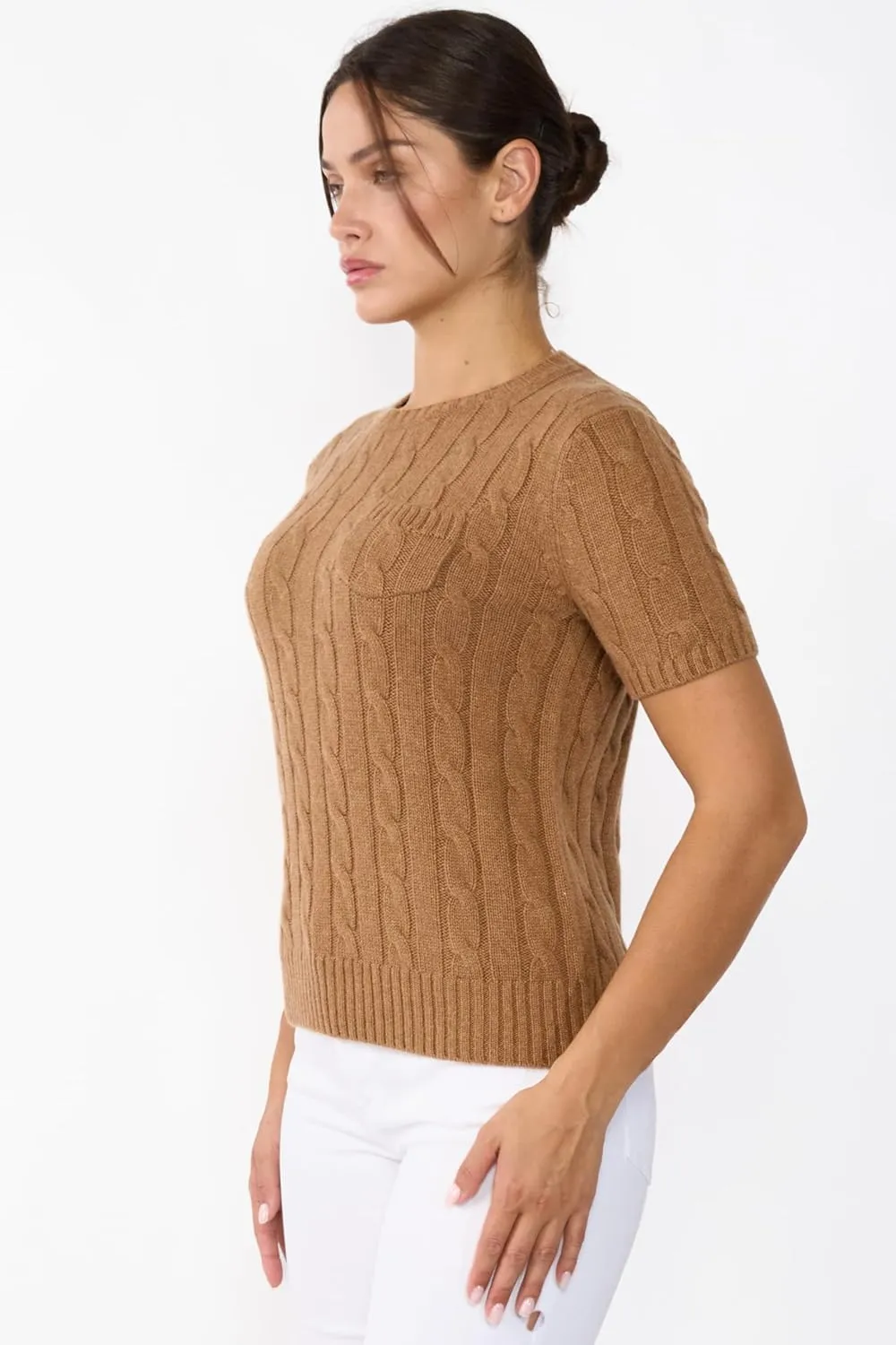 JENNIE LIU Womens 70% Wool 30% Cashmere Chuncky Cable-Knit Crewneck Short Sleeve Sweater