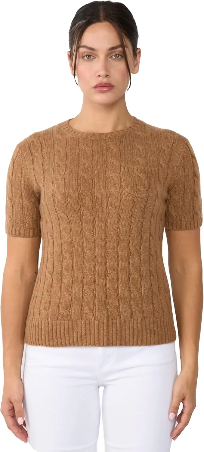 JENNIE LIU Womens 70% Wool 30% Cashmere Chuncky Cable-Knit Crewneck Short Sleeve Sweater