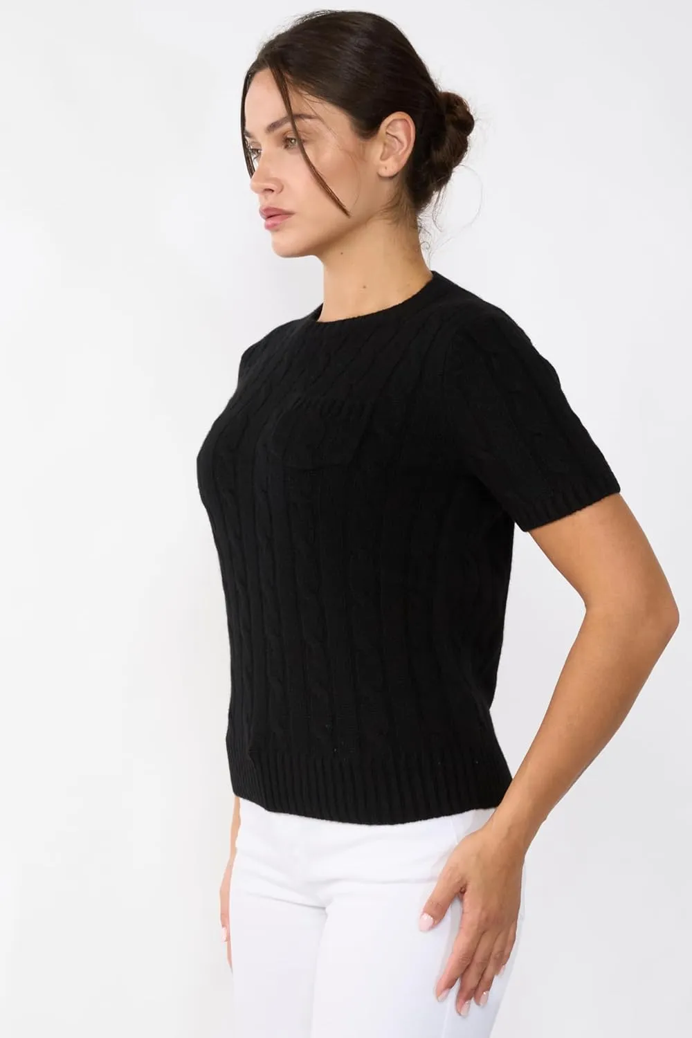 JENNIE LIU Womens 70% Wool 30% Cashmere Chuncky Cable-Knit Crewneck Short Sleeve Sweater
