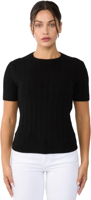 JENNIE LIU Womens 70% Wool 30% Cashmere Chuncky Cable-Knit Crewneck Short Sleeve Sweater