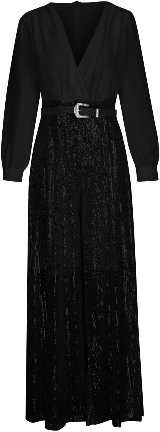 jsaierl Women's Sequins Jumpsuits Clubwear Long Sleeve V-Neck Party Evening Outfit Belted High Waisted Wide Leg Trouser Suit