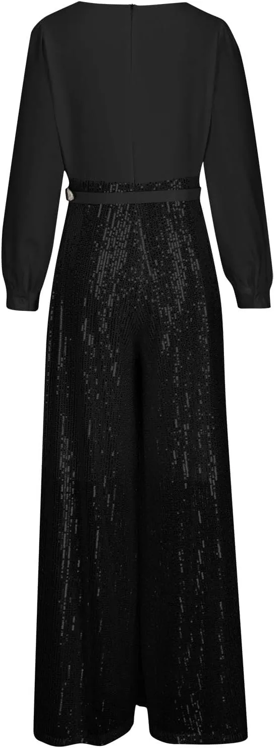jsaierl Women's Sequins Jumpsuits Clubwear Long Sleeve V-Neck Party Evening Outfit Belted High Waisted Wide Leg Trouser Suit