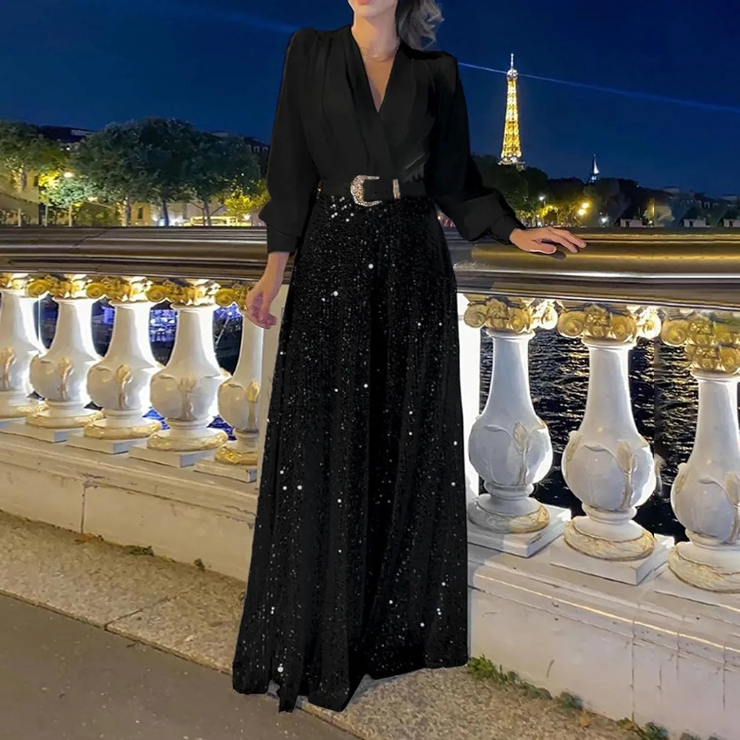 jsaierl Women's Sequins Jumpsuits Clubwear Long Sleeve V-Neck Party Evening Outfit Belted High Waisted Wide Leg Trouser Suit