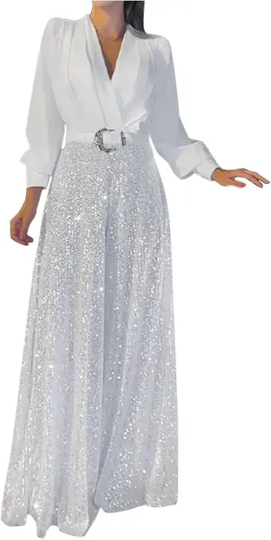 jsaierl Women's Sequins Jumpsuits Clubwear Long Sleeve V-Neck Party Evening Outfit Belted High Waisted Wide Leg Trouser Suit