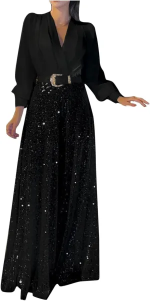 jsaierl Women's Sequins Jumpsuits Clubwear Long Sleeve V-Neck Party Evening Outfit Belted High Waisted Wide Leg Trouser Suit