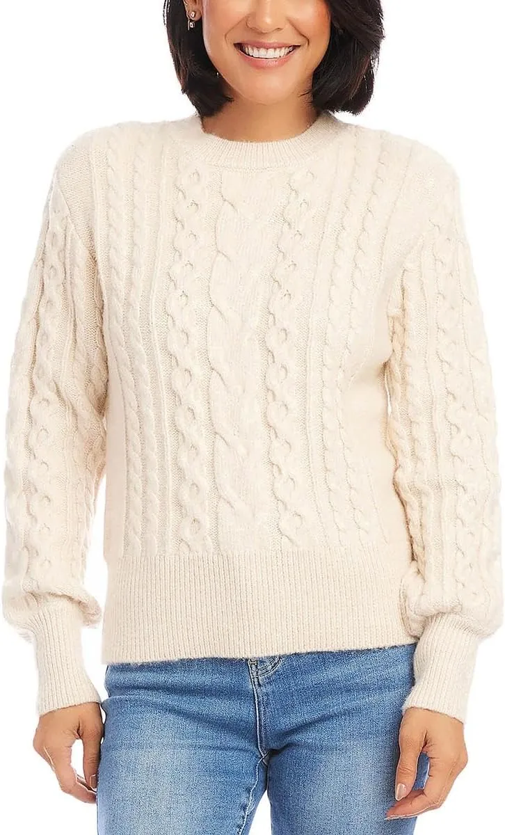 Karen Kane Womens Cable Knit Long Sleeves Crewneck Sweater