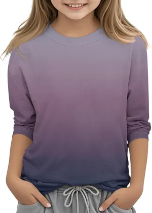 Kids 3/4 Length Sleeve Shirts Cute Girls Loose Fit Crewneck Tee Tops Tween Breathable Trendy Blouse Cotton Boy Clothes