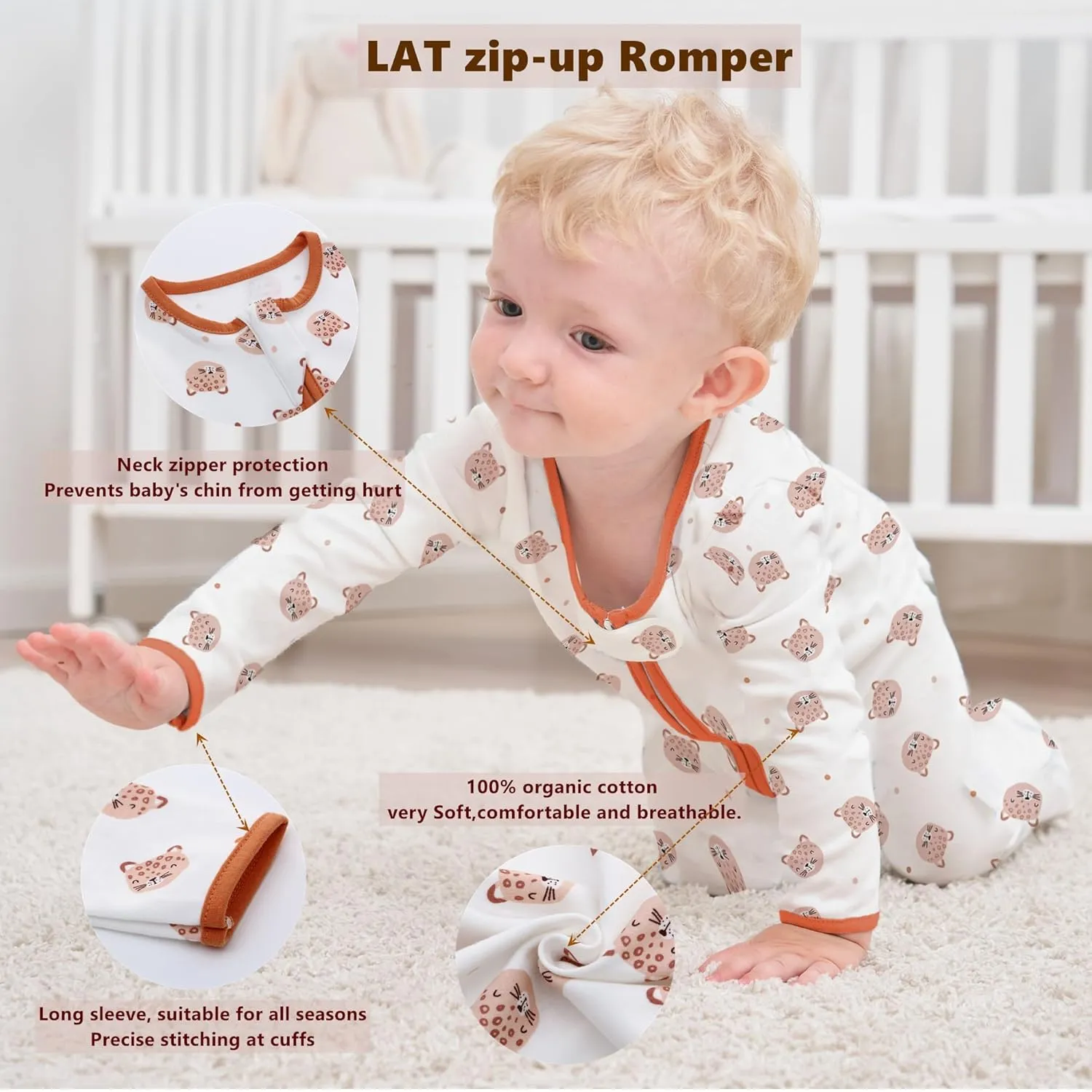LAT 3-pack zip-up romper,Baby Sleep and Play Pajamas 00% Organic Cotton, Infant Girls Boys One-Piece Footies Romper Newborn