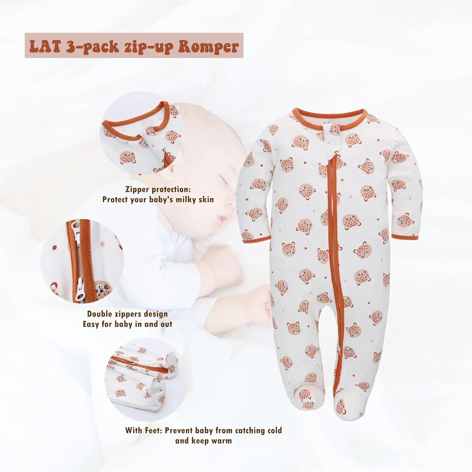 LAT 3-pack zip-up romper,Baby Sleep and Play Pajamas 00% Organic Cotton, Infant Girls Boys One-Piece Footies Romper Newborn