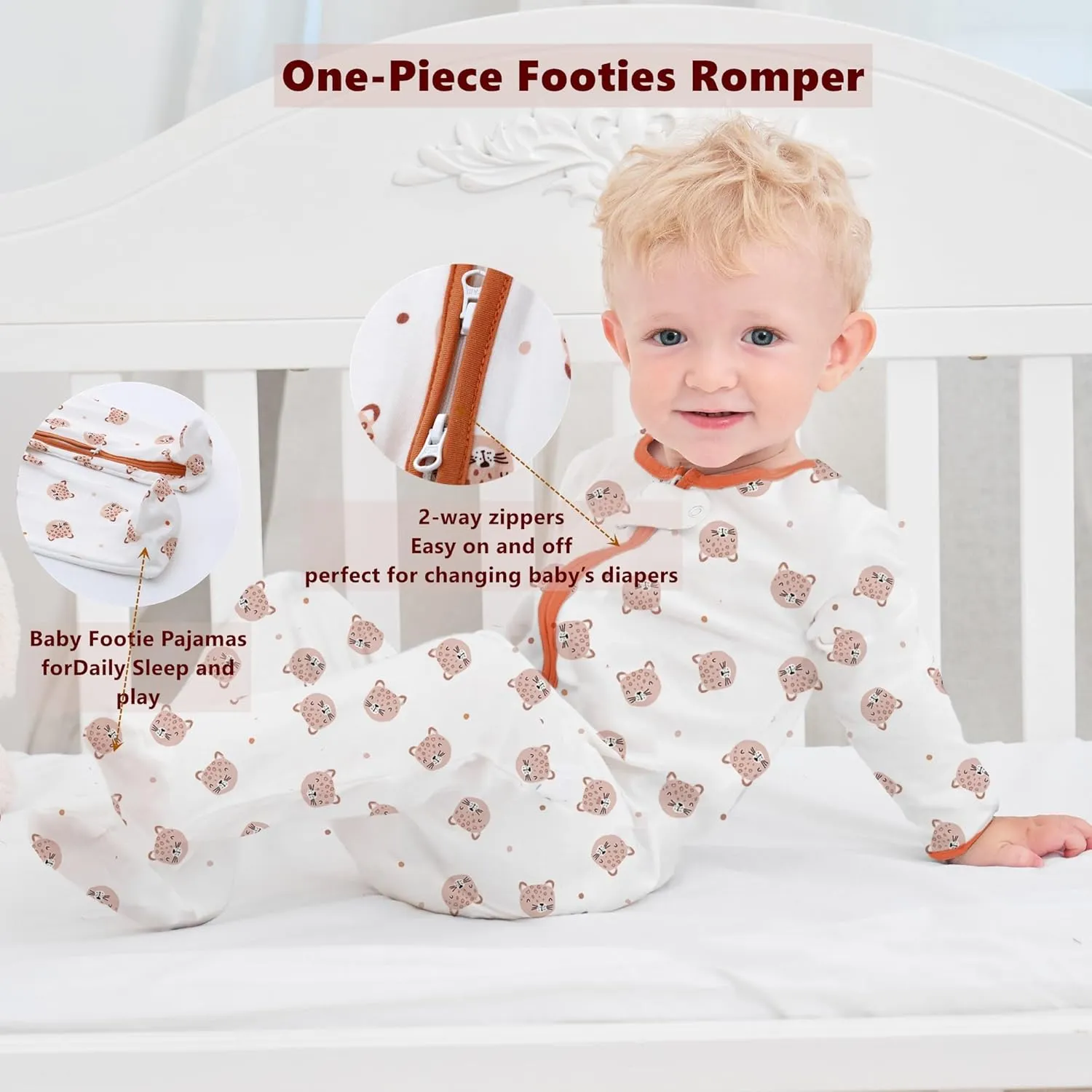 LAT 3-pack zip-up romper,Baby Sleep and Play Pajamas 00% Organic Cotton, Infant Girls Boys One-Piece Footies Romper Newborn