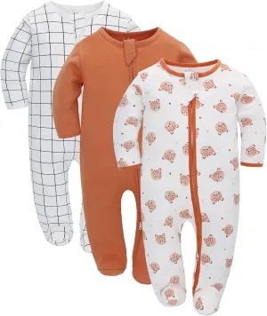 LAT 3-pack zip-up romper,Baby Sleep and Play Pajamas 00% Organic Cotton, Infant Girls Boys One-Piece Footies Romper Newborn