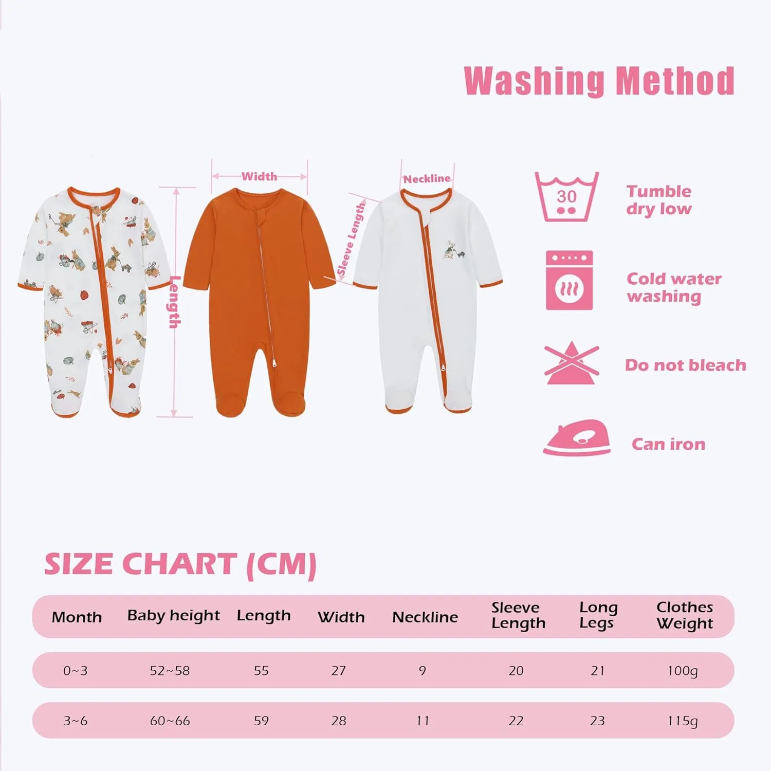 LAT 3 Pcs Baby Sleep and Play Pajamas,100% Organic Cotton Infant Girls Boys One-Piece Footies Romper Newborn,Zipper