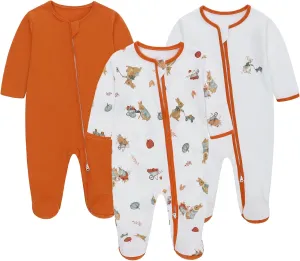 LAT 3 Pcs Baby Sleep and Play Pajamas,100% Organic Cotton Infant Girls Boys One-Piece Footies Romper Newborn,Zipper