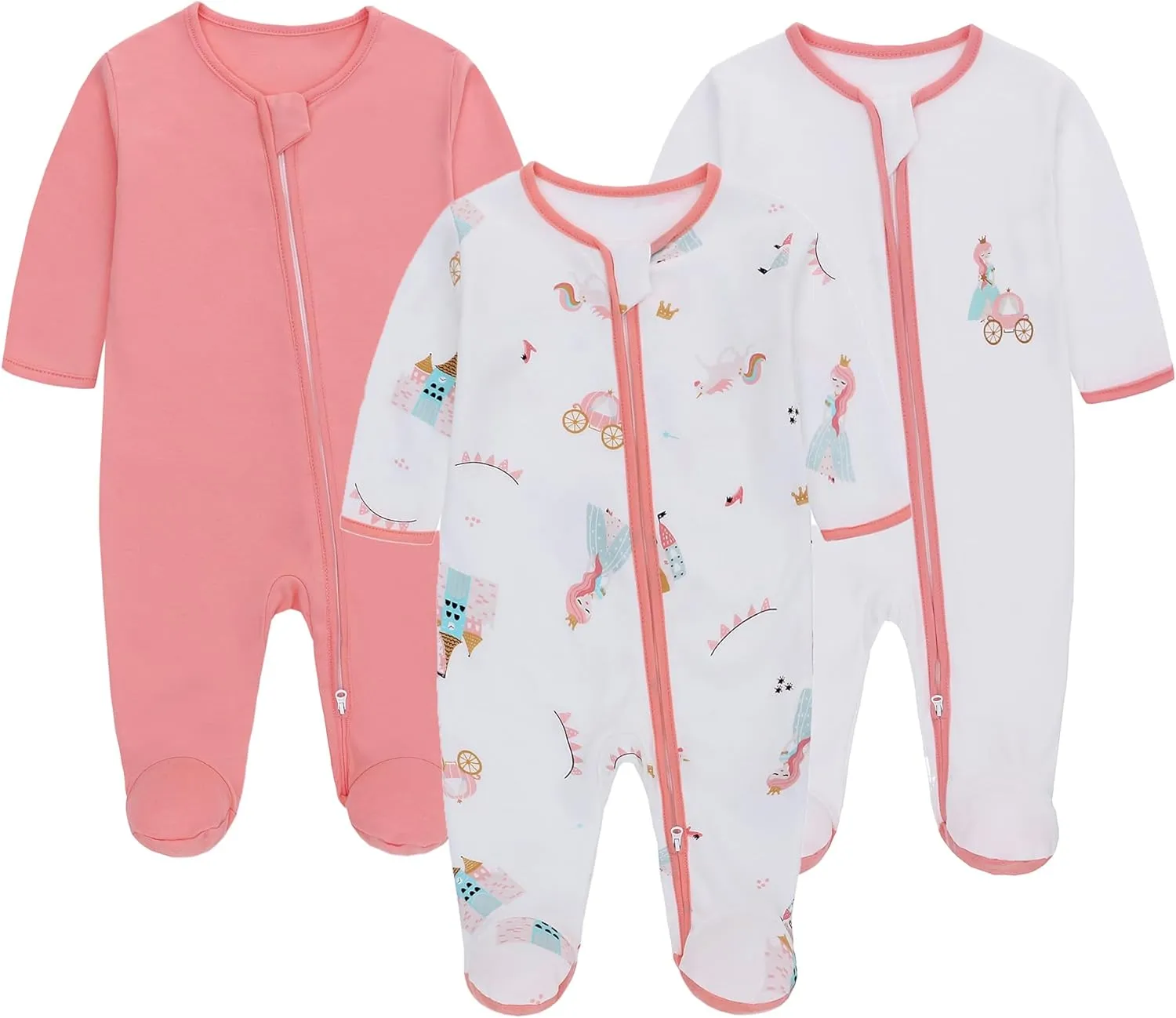 LAT 3 Pcs Baby Sleep and Play Pajamas,100% Organic Cotton Infant Girls Boys One-Piece Footies Romper Newborn,Zipper