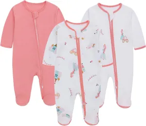 LAT 3 Pcs Baby Sleep and Play Pajamas,100% Organic Cotton Infant Girls Boys One-Piece Footies Romper Newborn,Zipper