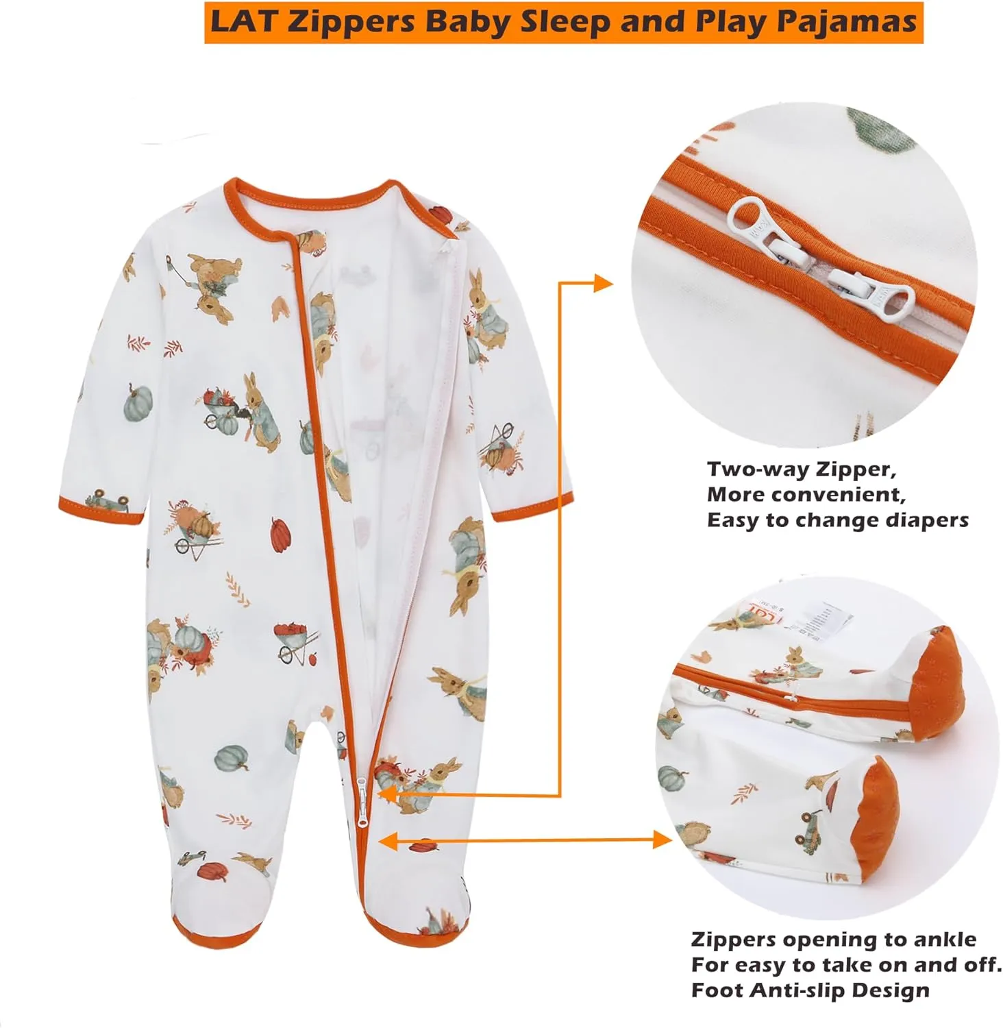 LAT 3 Pcs Baby Sleep and Play Pajamas,100% Organic Cotton Infant Girls Boys One-Piece Footies Romper Newborn,Zipper