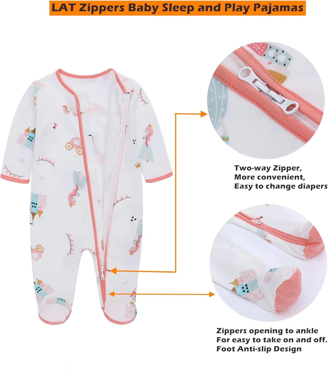 LAT 3 Pcs Baby Sleep and Play Pajamas,100% Organic Cotton Infant Girls Boys One-Piece Footies Romper Newborn,Zipper