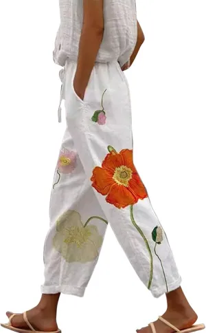 Linen Pants and Summer Casual Drawstring Pants Loose Comfy Trendy Elastic Waist Cropped Trouser Black Leggings Women
