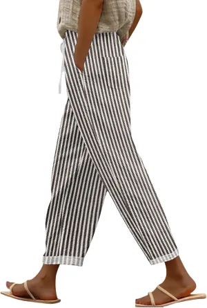Linen Pants and Summer Casual Drawstring Pants Loose Comfy Trendy Elastic Waist Cropped Trouser Black Leggings Women