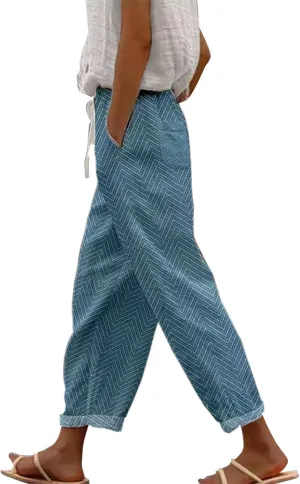 Linen Pants and Summer Casual Drawstring Pants Loose Comfy Trendy Elastic Waist Cropped Trouser Black Leggings Women