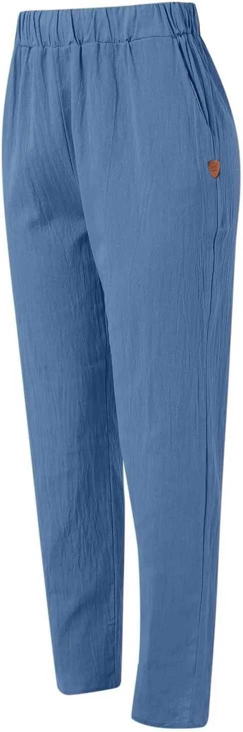 Linen Pants for Women 2025 Pants Stripe Print Side Trendy Pants Baggy Elastic Waist Straight Leg Comfy Beach Trousers