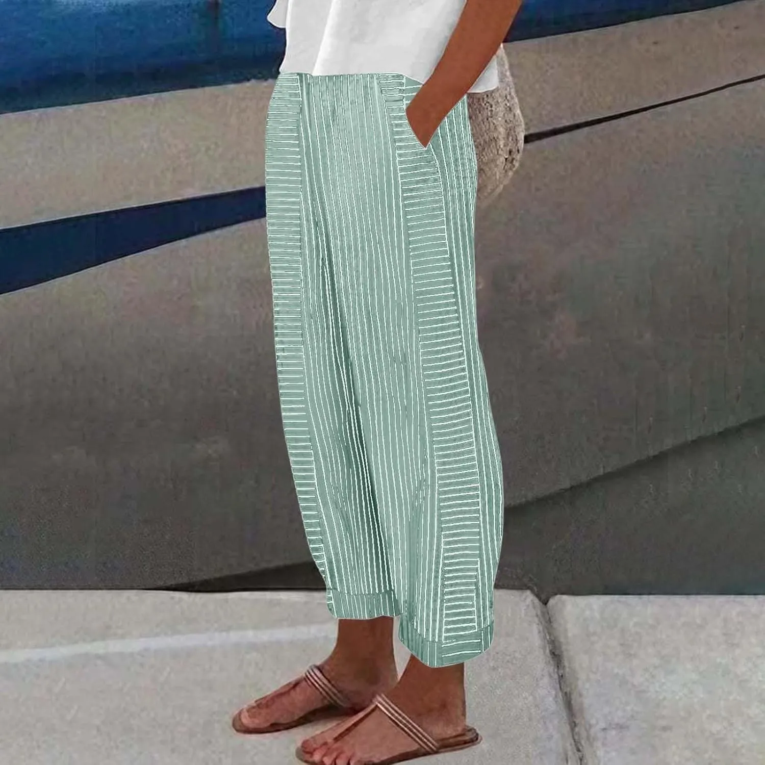 Linen Pants for Women 2025 Pants Stripe Print Side Trendy Pants Baggy Elastic Waist Straight Leg Comfy Beach Trousers