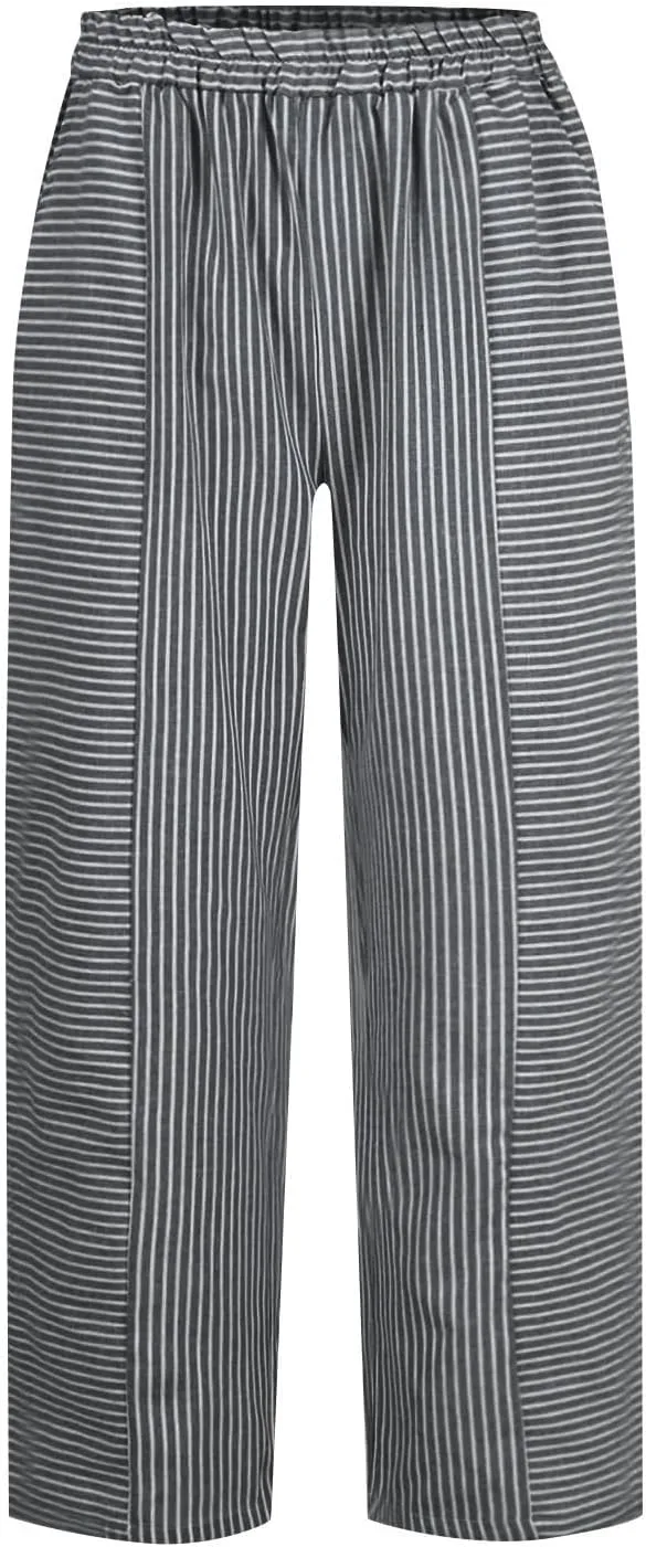 Linen Pants for Women 2025 Pants Stripe Print Side Trendy Pants Baggy Elastic Waist Straight Leg Comfy Beach Trousers