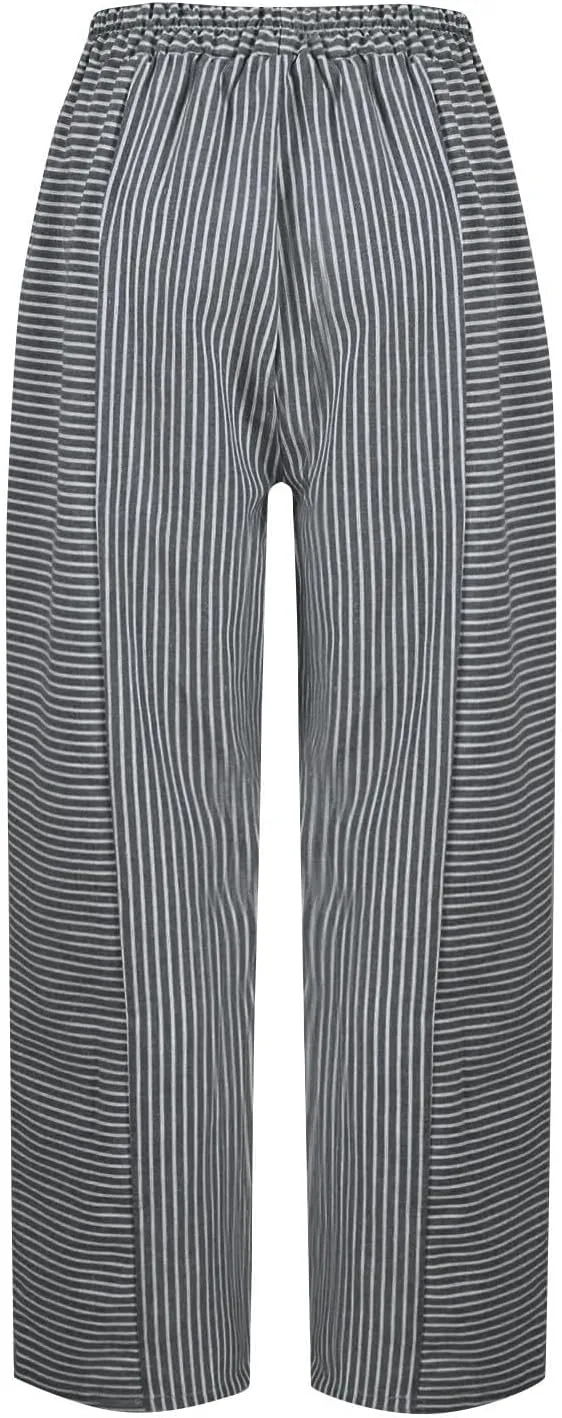 Linen Pants for Women 2025 Pants Stripe Print Side Trendy Pants Baggy Elastic Waist Straight Leg Comfy Beach Trousers