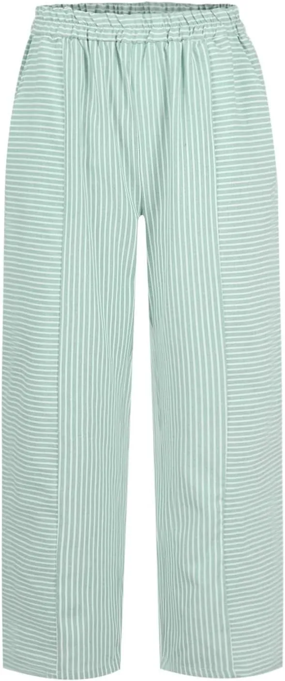 Linen Pants for Women 2025 Pants Stripe Print Side Trendy Pants Baggy Elastic Waist Straight Leg Comfy Beach Trousers