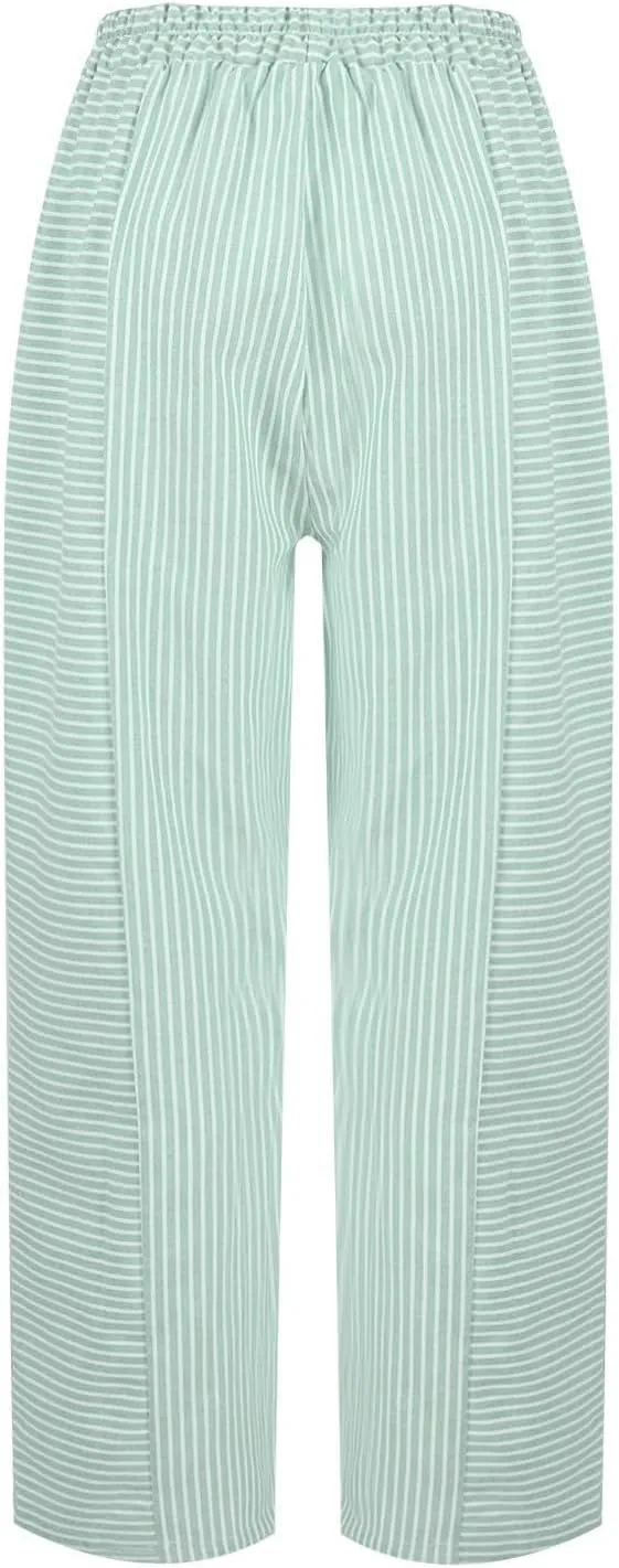 Linen Pants for Women 2025 Pants Stripe Print Side Trendy Pants Baggy Elastic Waist Straight Leg Comfy Beach Trousers