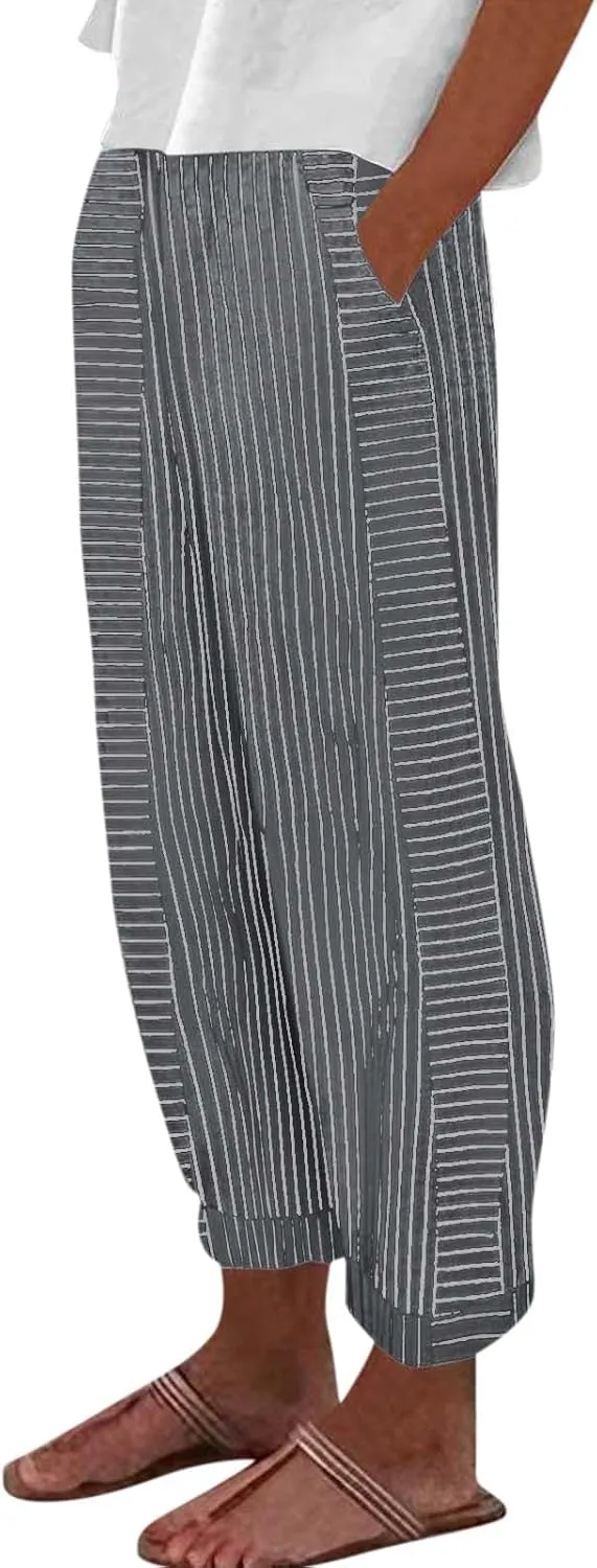 Linen Pants for Women 2025 Pants Stripe Print Side Trendy Pants Baggy Elastic Waist Straight Leg Comfy Beach Trousers