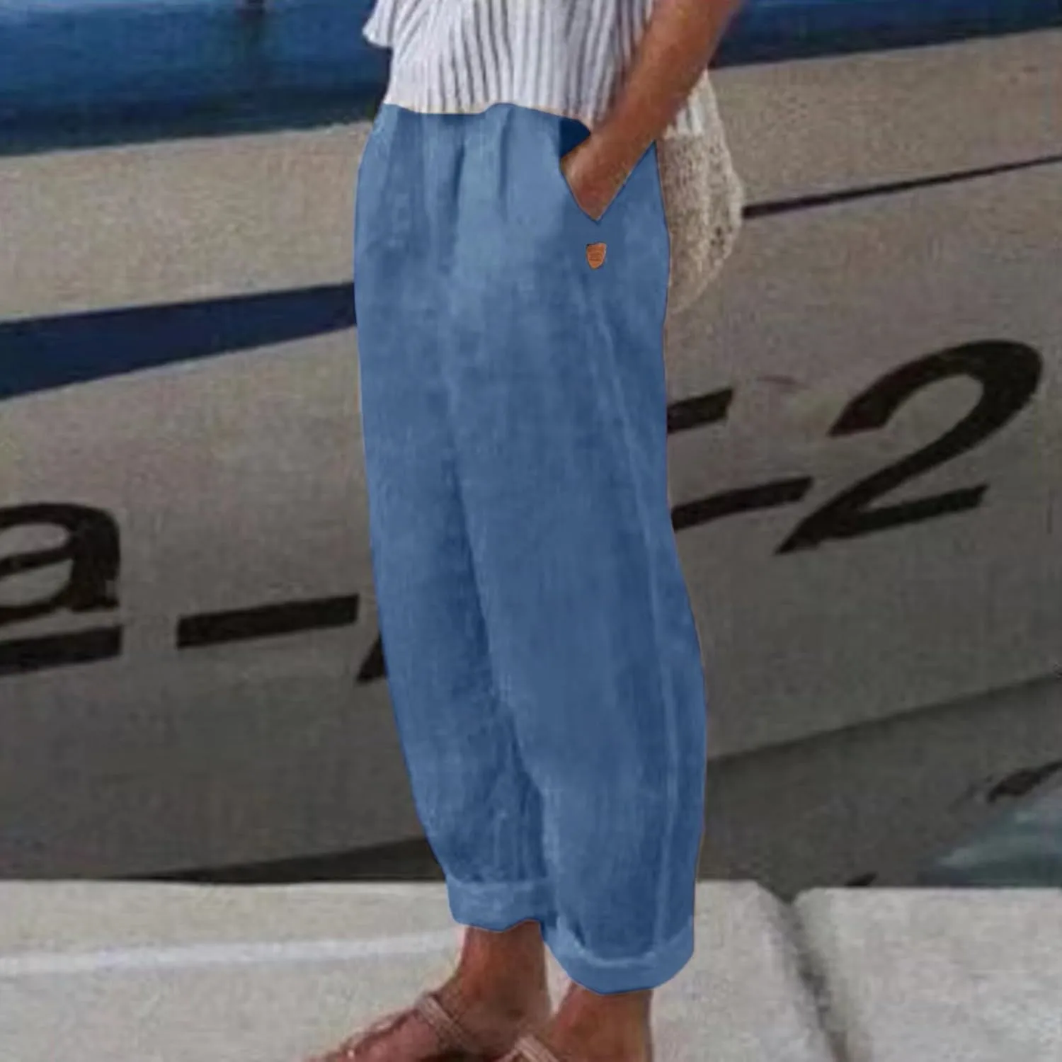 Linen Pants for Women 2025 Pants Stripe Print Side Trendy Pants Baggy Elastic Waist Straight Leg Comfy Beach Trousers