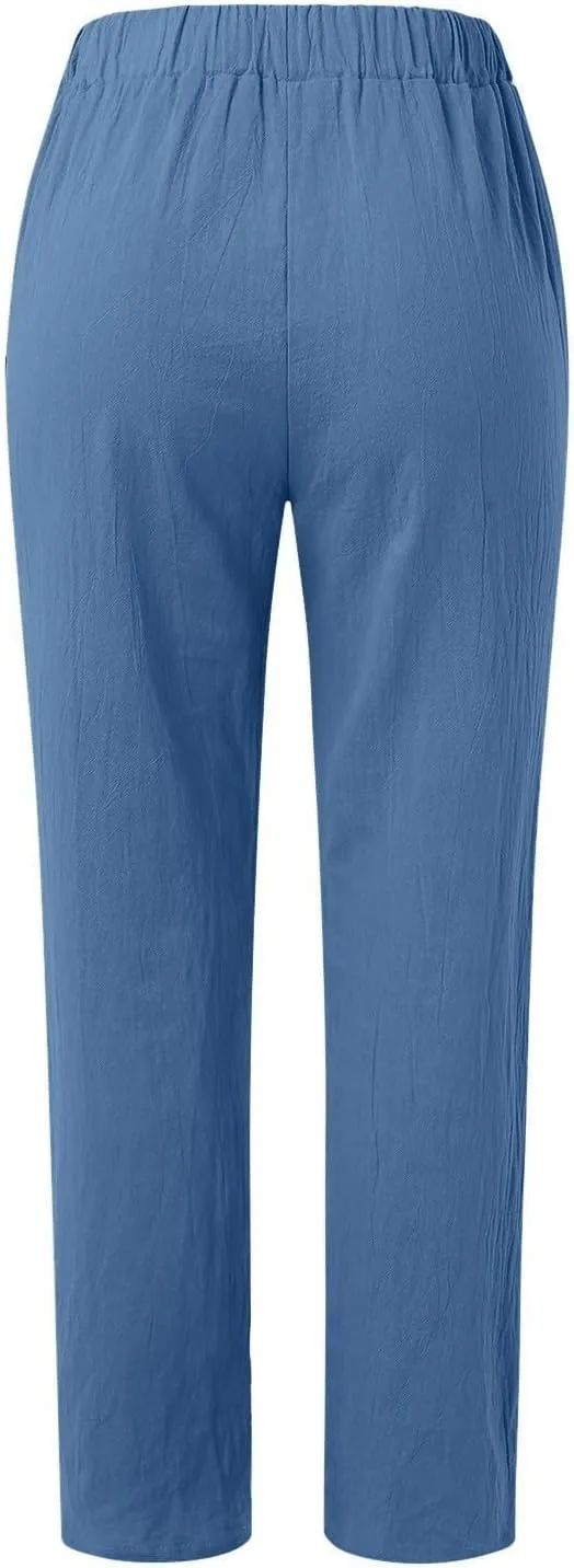 Linen Pants for Women 2025 Pants Stripe Print Side Trendy Pants Baggy Elastic Waist Straight Leg Comfy Beach Trousers